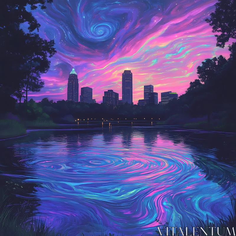 Urban Landscape with Swirling Sky and Reflective Water AI Image