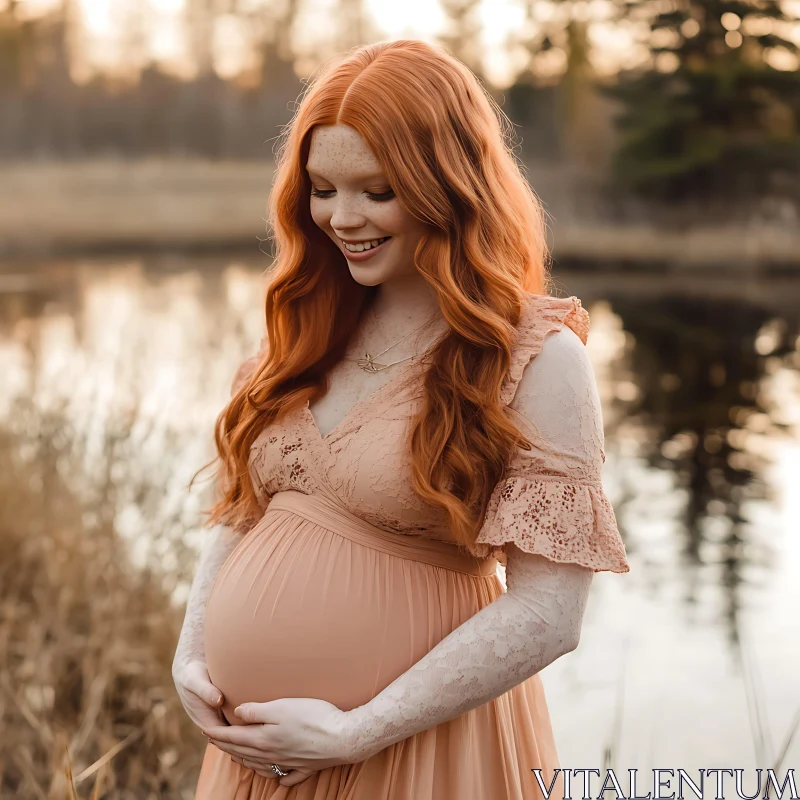 Pregnant Woman in Peach Lace Dress by Lake AI Image