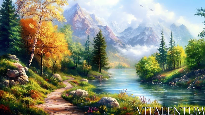 Enchanting Nature Scene with River, Mountains, and Autumn Foliage AI Image