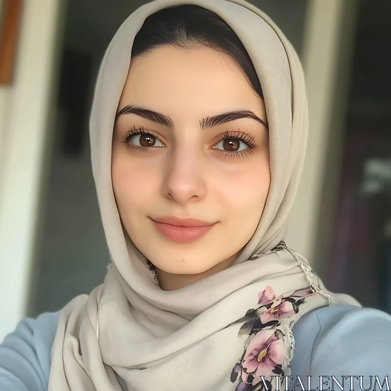 Young Woman in Light Beige Hijab with Floral Patterns AI Image