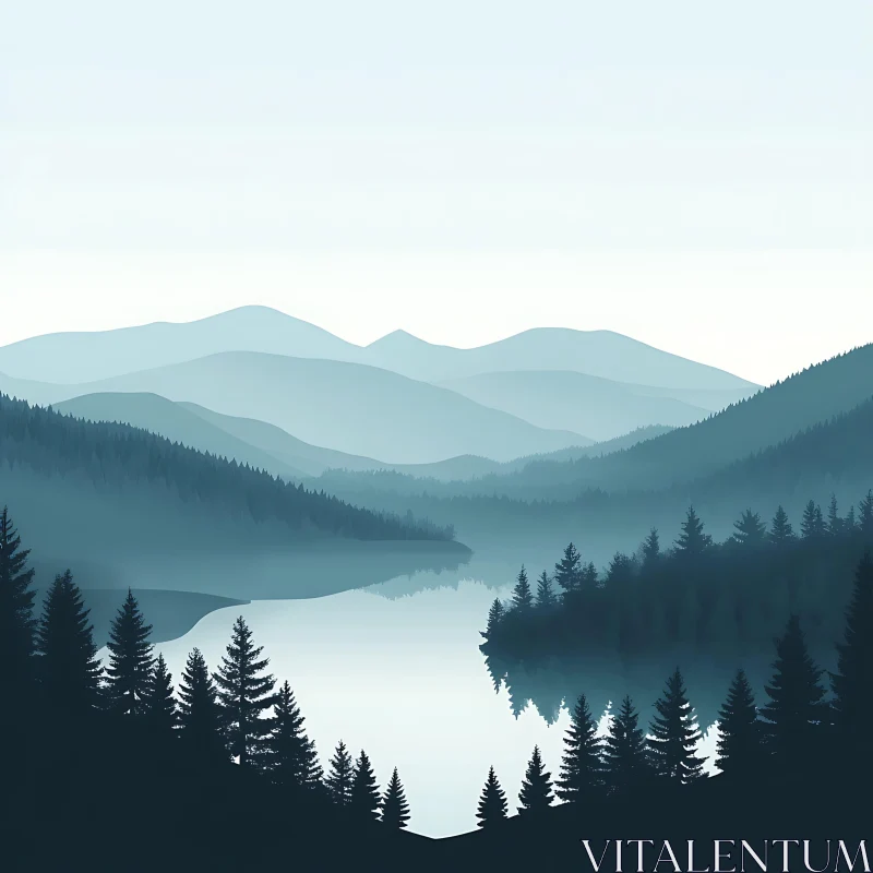 Tranquil Misty Lake with Forest and Distant Mountains AI Image