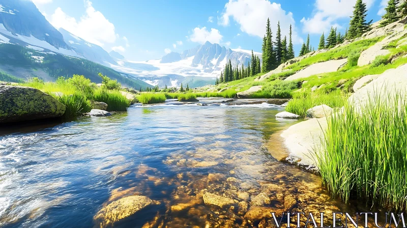 Stunning Alpine Scenery with Flowing River AI Image