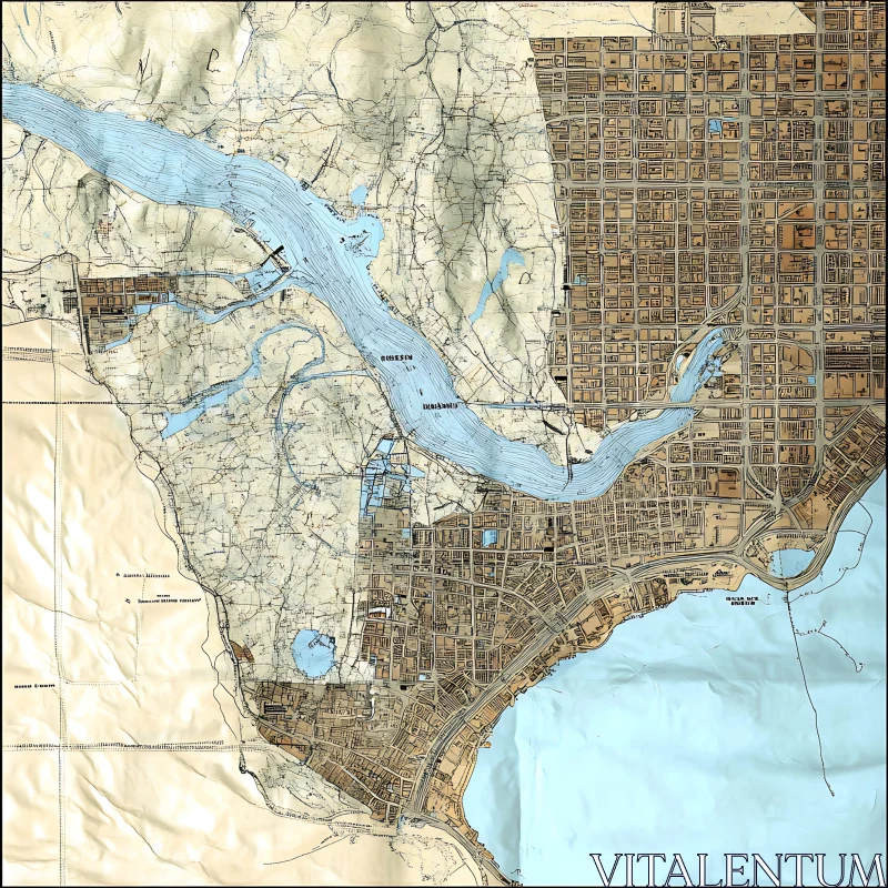 City Layout on a Vintage Map with Topographic Details AI Image