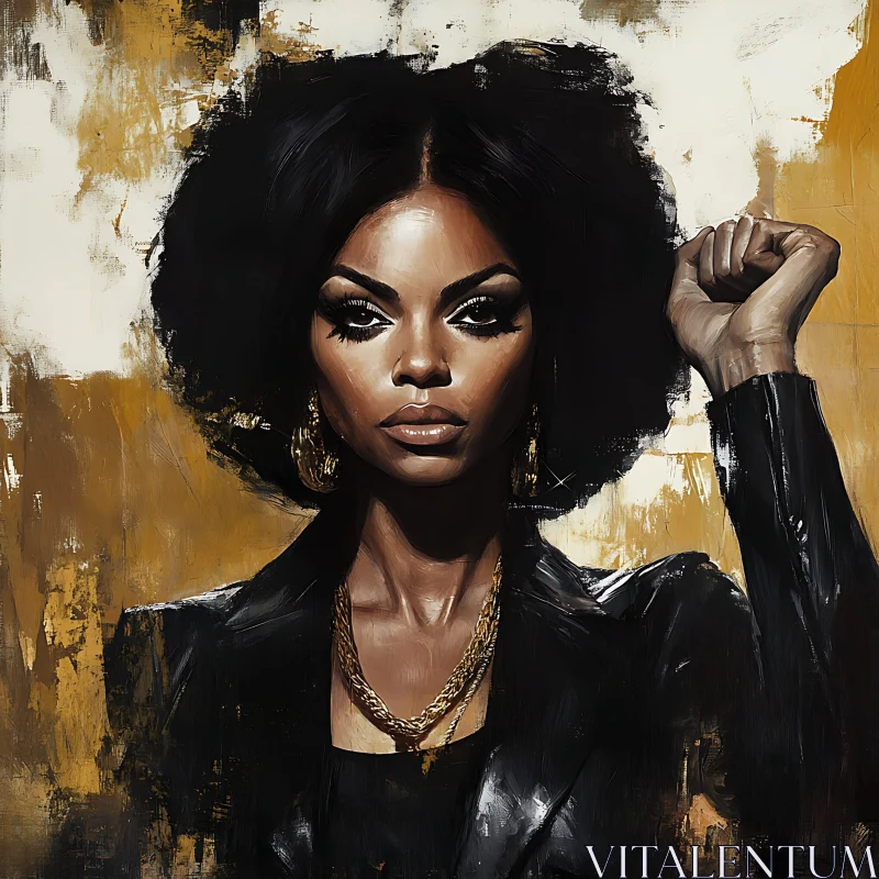 Empowered Woman with Afro and Black Leather Jacket AI Image