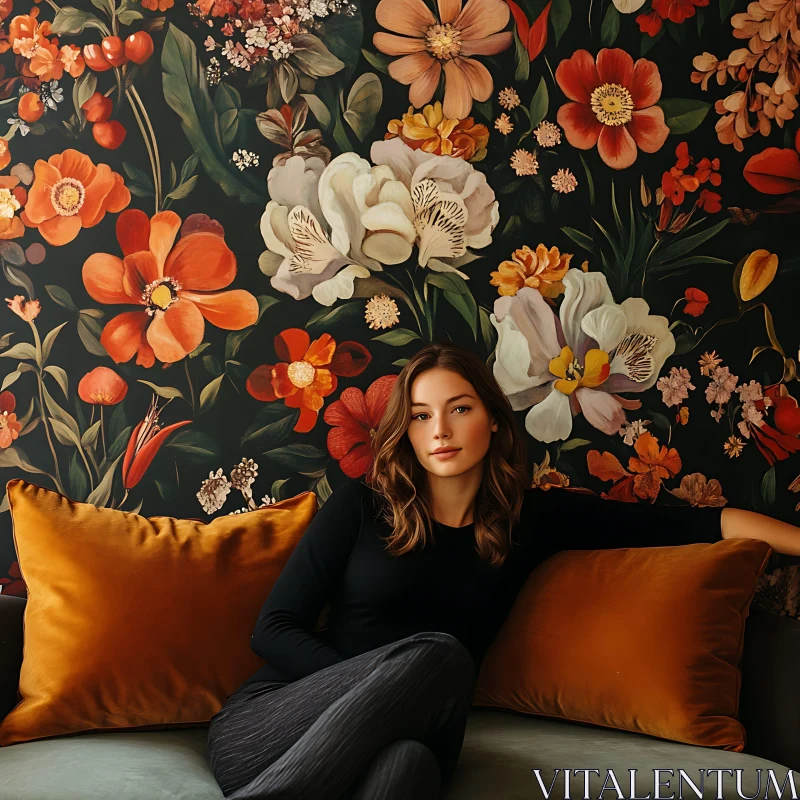 Woman Posing Against Colorful Floral Wall AI Image