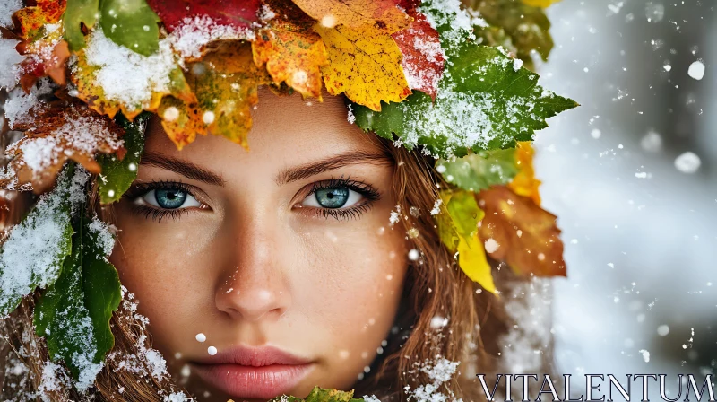 AI ART Woman Encircled by Snow-Dusted Leaves