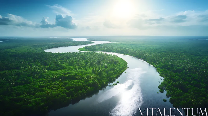 Tranquil River Winding Through Verdant Forest Under A Bright Sky AI Image