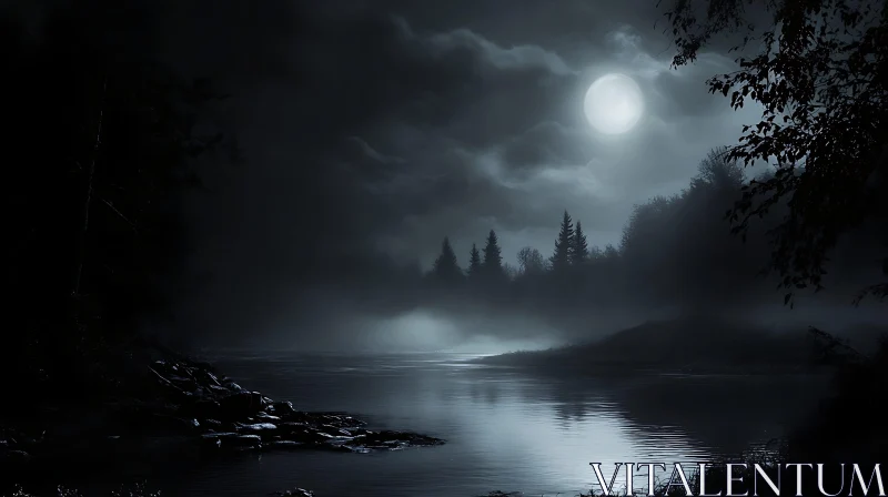 Mystical Moonlit River Scene AI Image