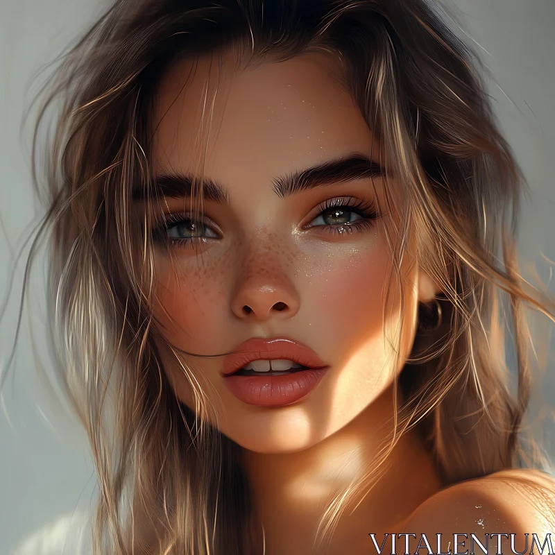 Realistic Digital Painting of a Freckled Woman AI Image