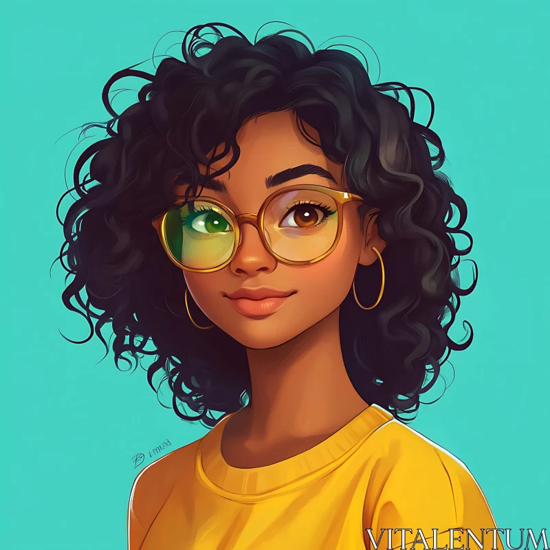 Curly-Haired Woman with Glasses Illustration AI Image