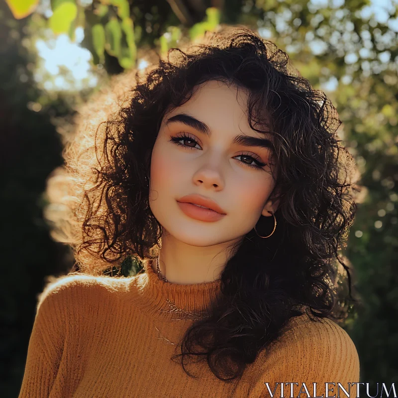 Curly-Haired Woman in Warm Sunlight AI Image