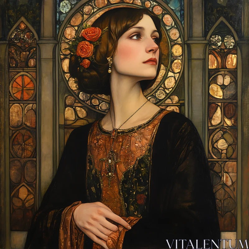 Elegant Medieval Woman with Roses AI Image