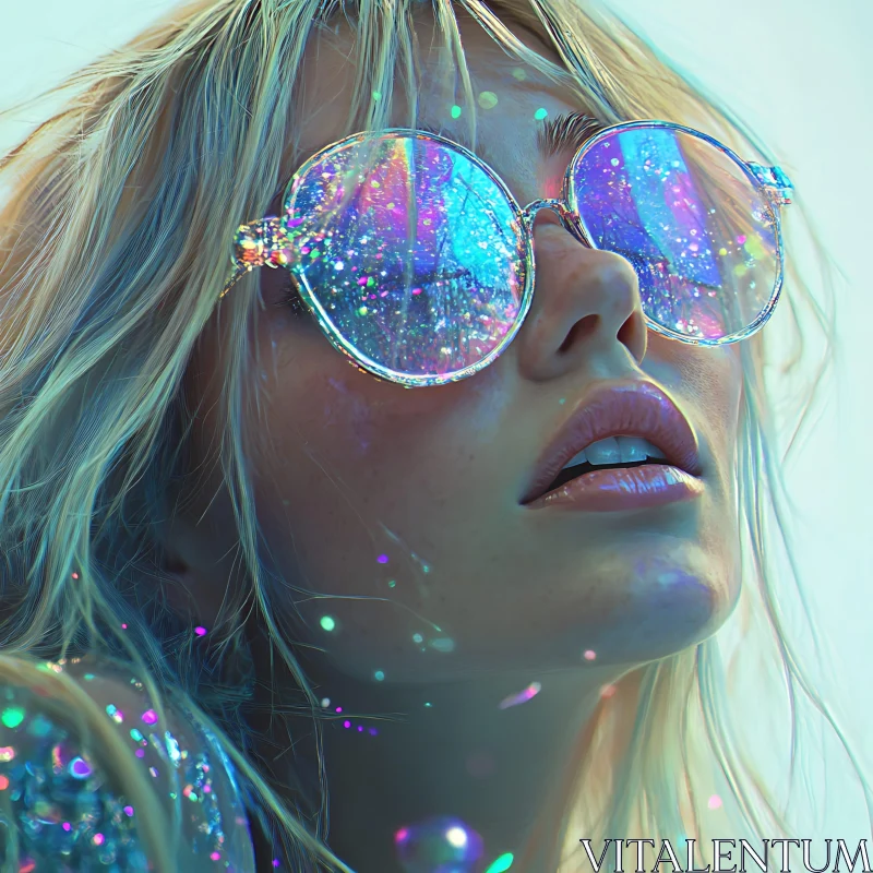 Mystical Woman with Galaxy Reflective Sunglasses AI Image