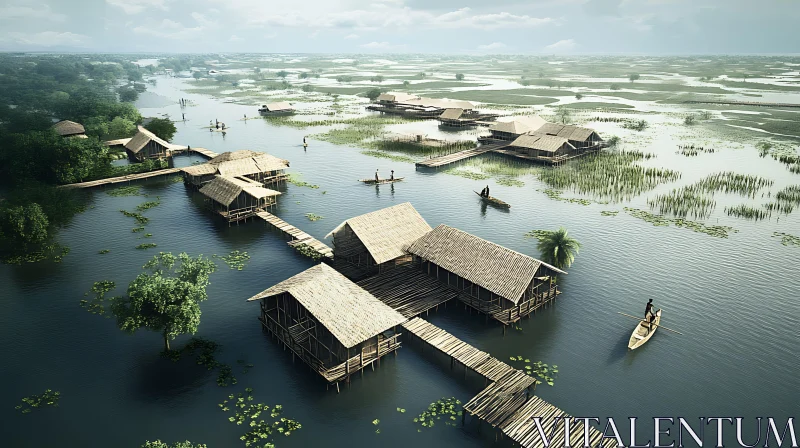 AI ART Serene Village on Water with Wooden Stilt Houses