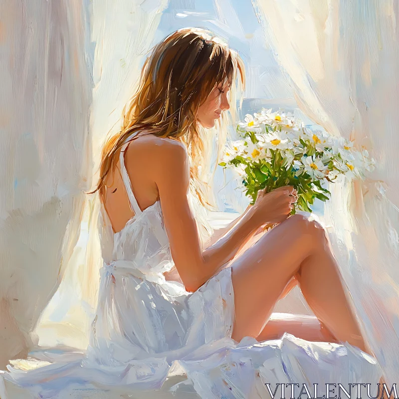 Serene Artwork of Woman with Flower Bouquet AI Image