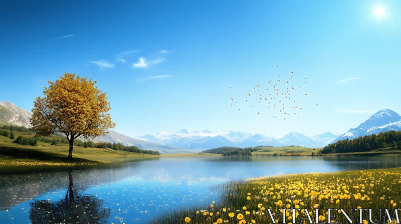 Serene Lake and Golden Tree in a Mountainous Landscape AI Image