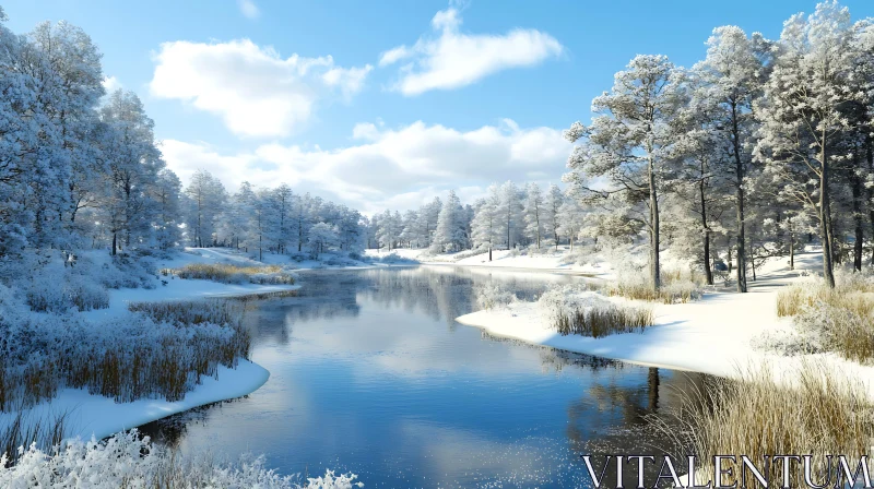 Snow-Covered Trees Reflecting in a Calm Lake AI Image