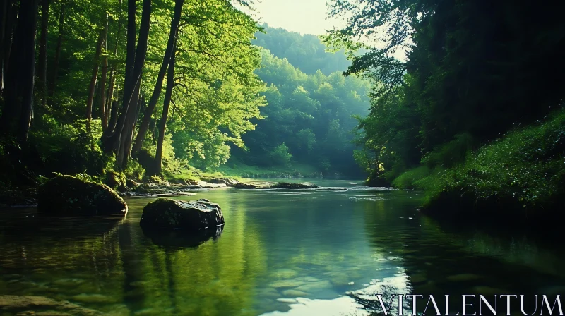 AI ART Tranquil Forest River with Sunlit Trees