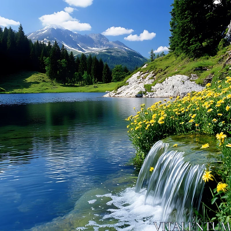 Serene Mountain Landscape with Lake and Waterfall AI Image