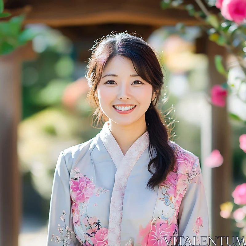 Young Woman in Kimono Surrounded by Blossoms AI Image