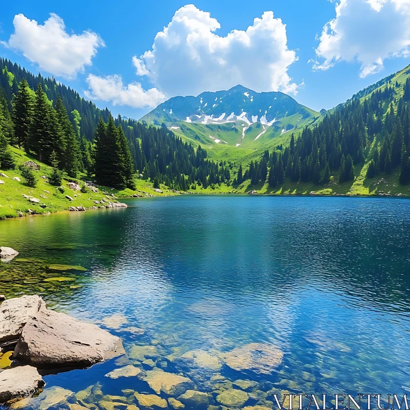 Peaceful Lake Encircled by Greenery and Mountains AI Image