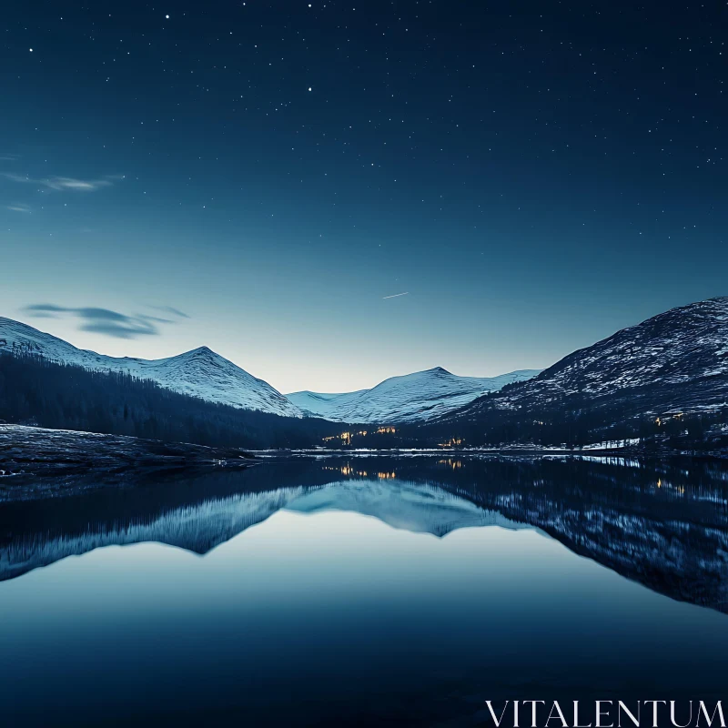 Serene Night over Mountain Lake AI Image