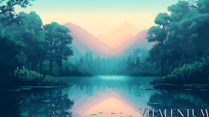 Peaceful Pixel Art Scene Featuring Lake and Forests AI Image