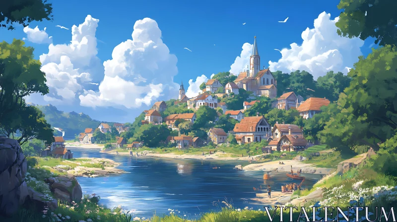 Idyllic Riverside Village with Picturesque Landscape AI Image