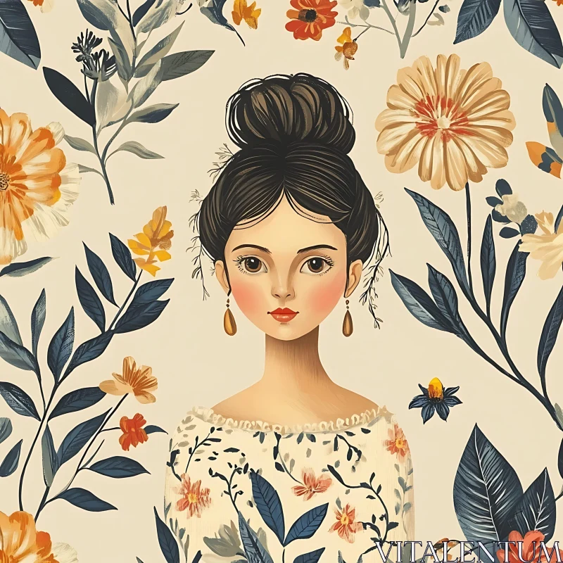 Vintage Floral Woman Illustration AI Image