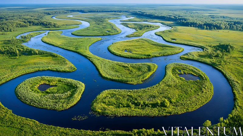 Aerial Shot of Curving River Amidst Greenery AI Image