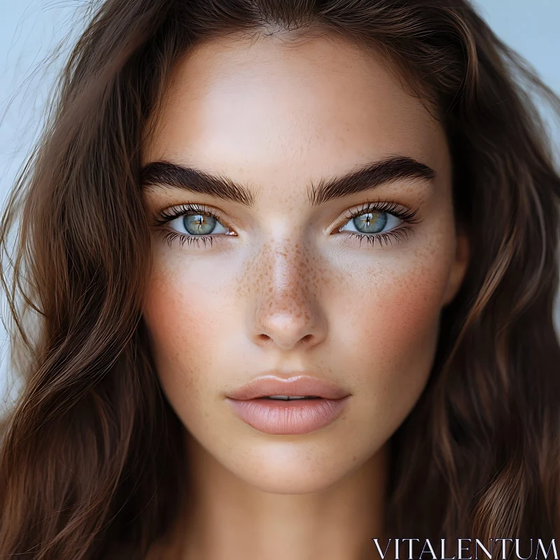 Beautiful Woman with Blue Eyes and Freckles Close-Up AI Image