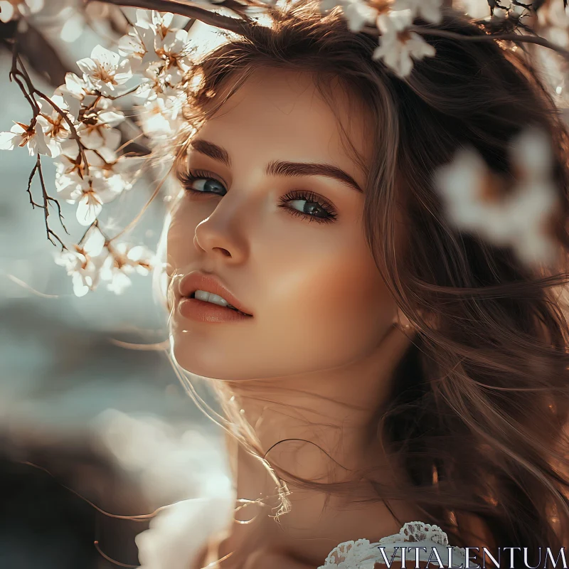 Serene Female Portrait with Blossoms AI Image