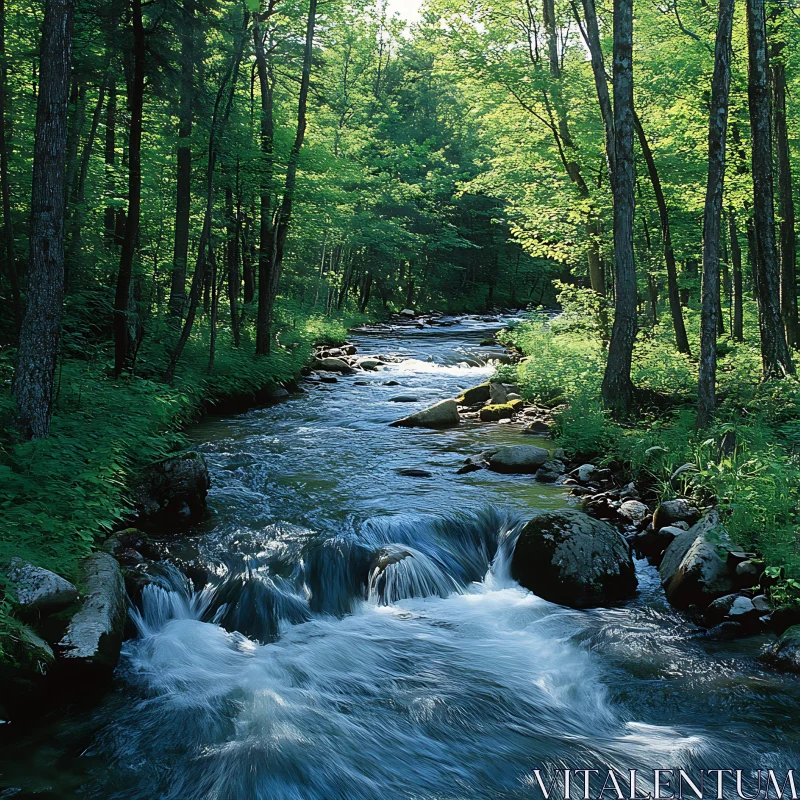 AI ART Serene Flowing Stream in Lush Forest