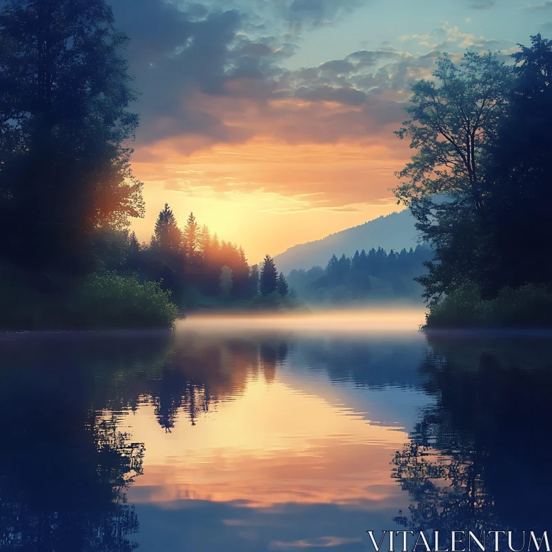 Idyllic Sunset Reflecting on a Calm Lake AI Image