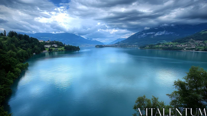 Calm Lake with Mountain Backdrop and Overcast Sky AI Image