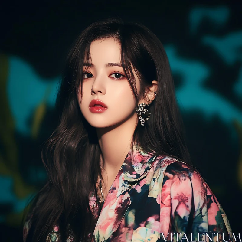 Stylish Woman with Dark Hair and Floral Attire AI Image