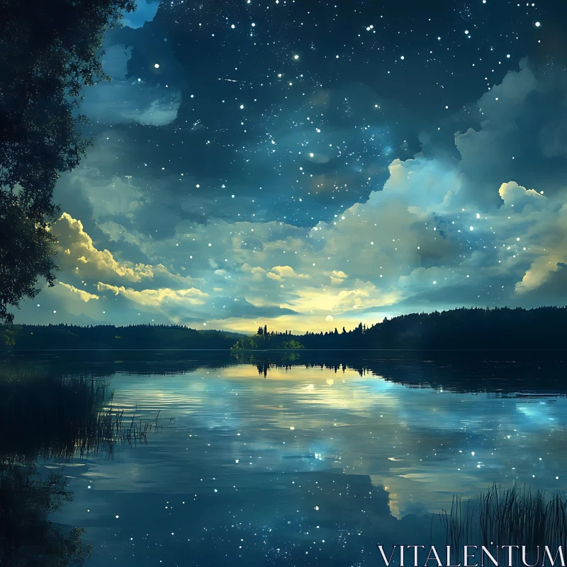 Starry Night over a Tranquil Lake AI Image