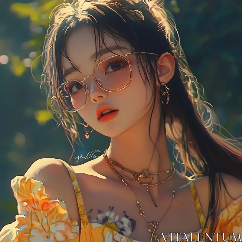 Sunlit Anime Girl in Floral Dress AI Image