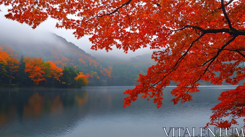 Autumn Scene at a Foggy Lake AI Image