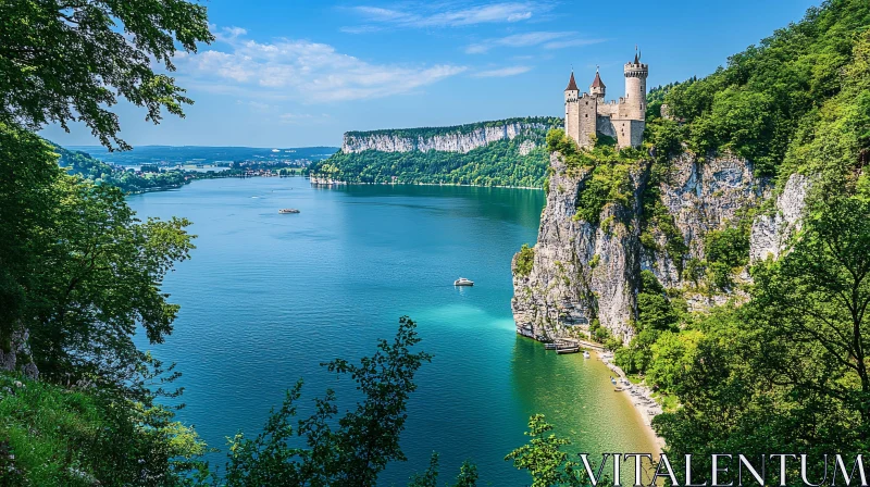 Castle Overlooking a Serene Lake AI Image