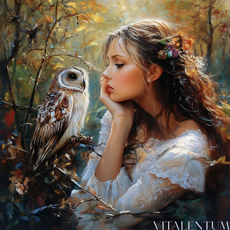 Contemplative Woman with Owl in Nature AI Image