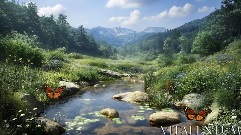 Mountain Valley Stream with Butterflies and Wildflowers AI Image