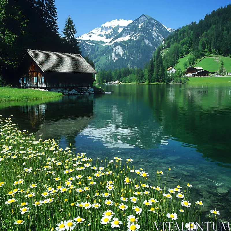 Tranquil Cabin by the Lake AI Image