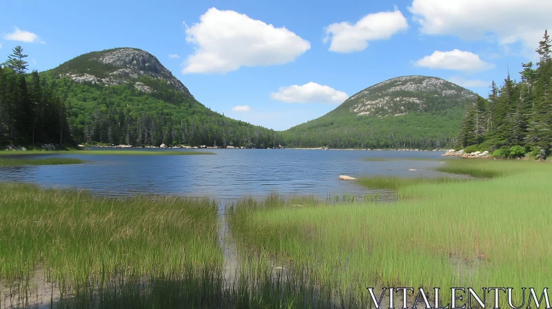 Serene Lake with Greenery and Mountains AI Image