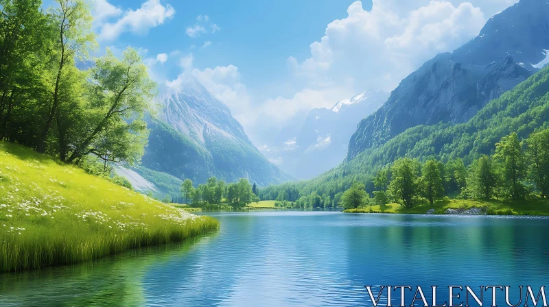 Peaceful Mountain Lake Scene AI Image