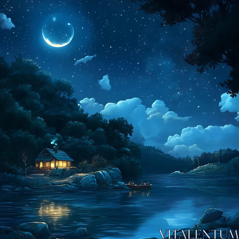 Moonlit Lake with Cabin and Boat AI Image