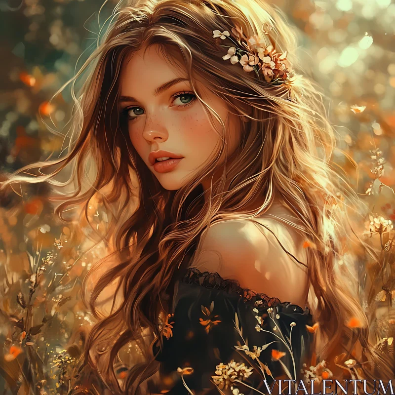 AI ART Woman in Nature with Autumn Flowers