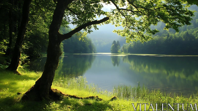 Tranquil Forest Lake with Sunlit Trees AI Image