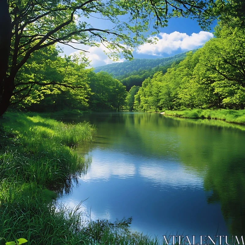 Tranquil Lake Surrounded by Green Forest AI Image