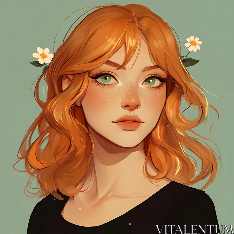 Serene Green-Eyed Woman with Vibrant Red Hair AI Image